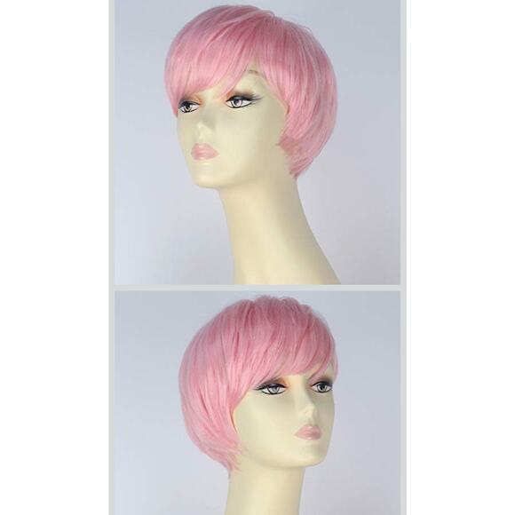 Short Straight pixie Synthetic Wig Natural Looking Pink Wig Bangs Heat Resistant - Picture 1 of 10